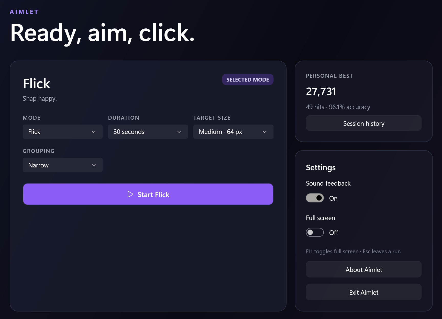 Aimlet's training setup screen showing Flick mode, personal best and settings