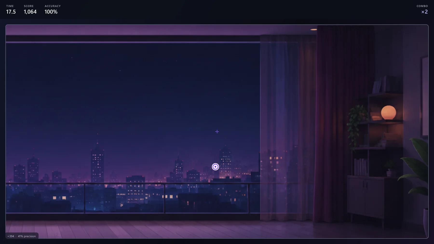Aimlet FPS training in the City Apartment arena overlooking a night-time skyline