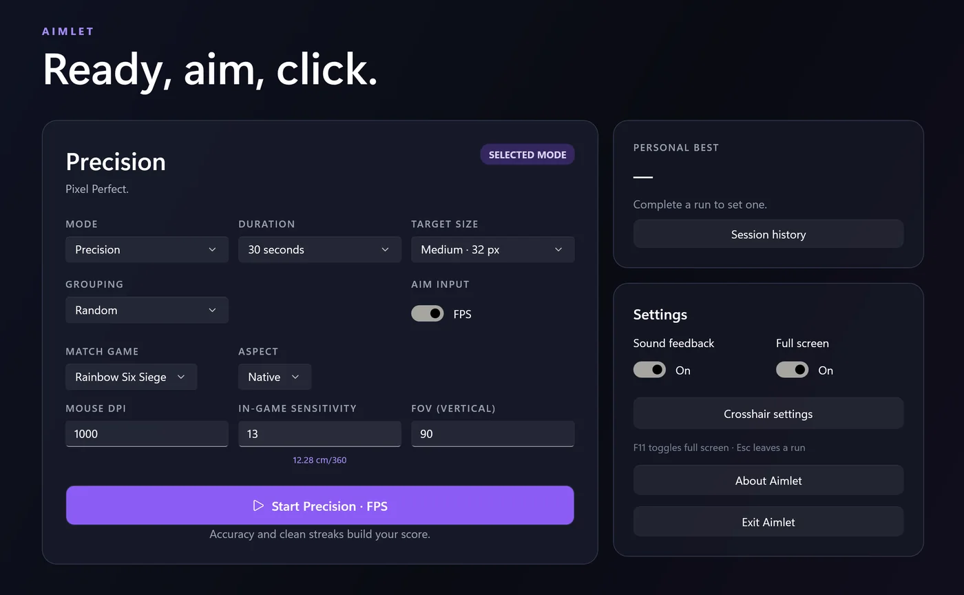 Aimlet Precision setup with FPS input, game matching and mouse sensitivity controls