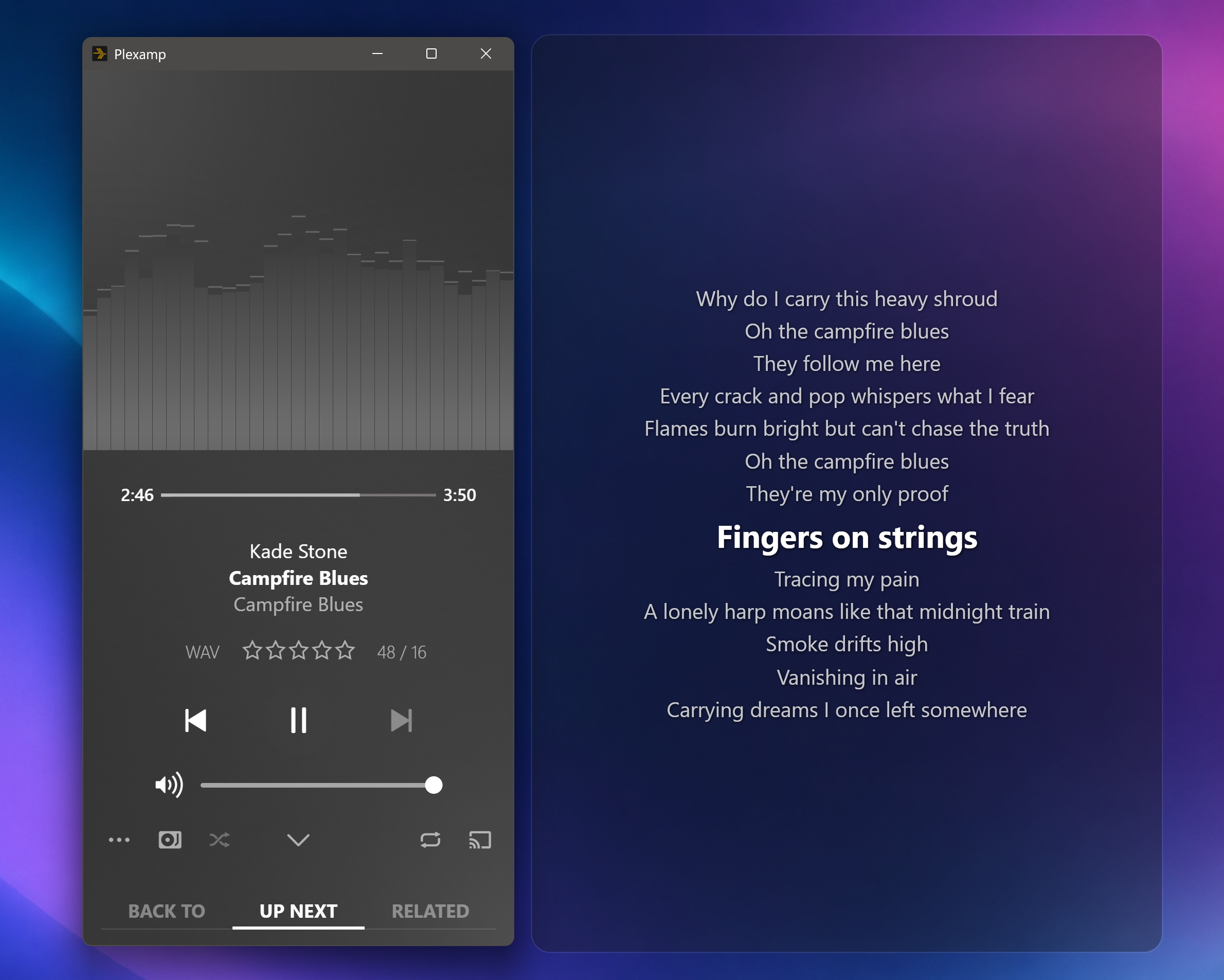 LyricGlass displaying synchronised lyrics beside Plexamp