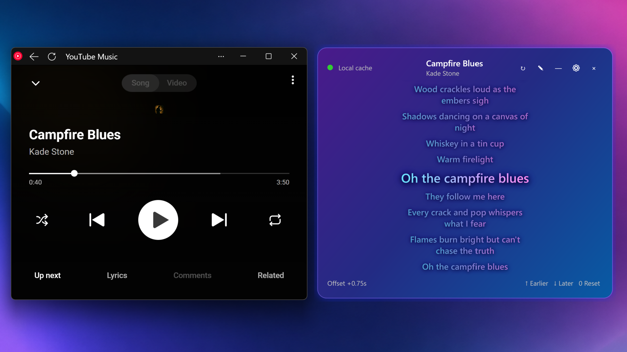 LyricGlass displaying synchronised lyrics beside YouTube Music in Microsoft Edge